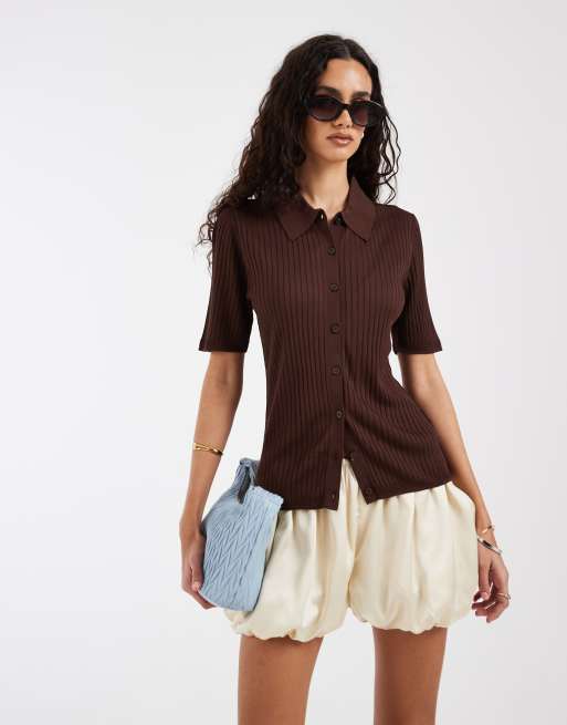 & Other Stories knitted rib polo top in dark brown , 2 of 4