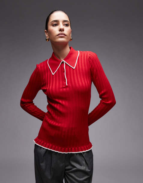& Other Stories knitted rib polo top with long sleeves in red - view 1
