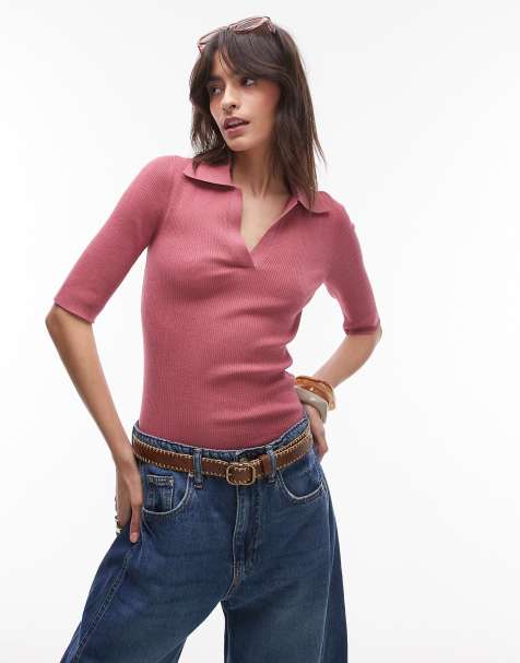 & Other Stories knitted rib top with polo collar in pomegranate pink - view 1