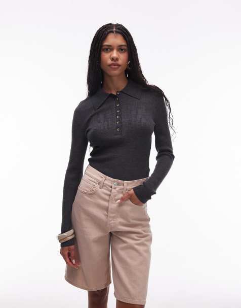 & Other Stories knitted semi sheer polo  top with fluted collar in dark grey - view 1