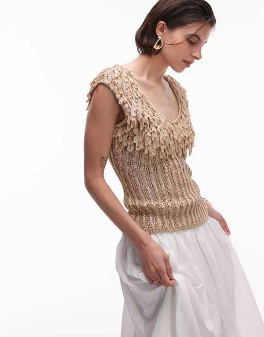 & Other Stories knitted top with fringed neckline in gold, 2 of 4