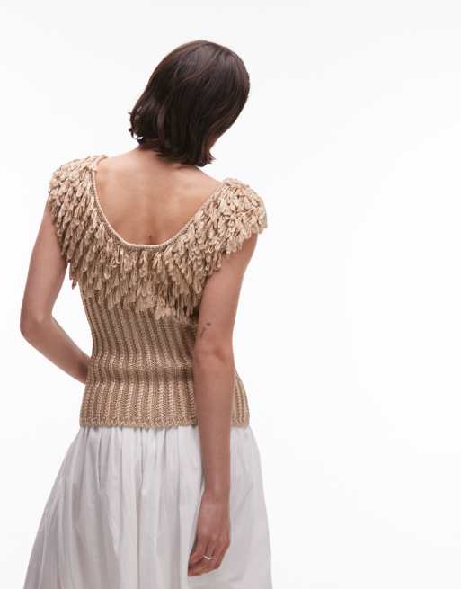 & Other Stories knitted top with fringed neckline in gold, 3 of 4