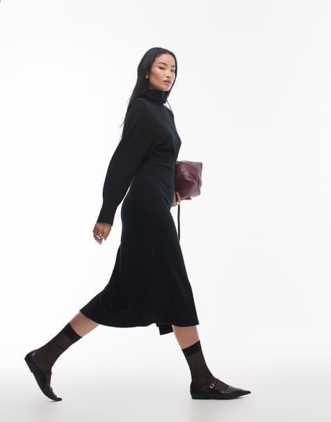 & Other Stories knitted wool midaxi dress with padded shoulders in black - view 1