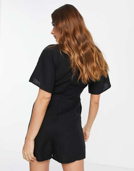 & Other Stories knot detail linen playsuit in black, 2 of 4