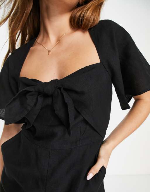 & Other Stories knot detail linen playsuit in black, 3 of 4