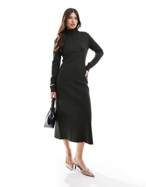 & Other Stories – Kompaktes Midaxi-Strickkleid in Dunkelgrün mit hohem Kragen - view 1
