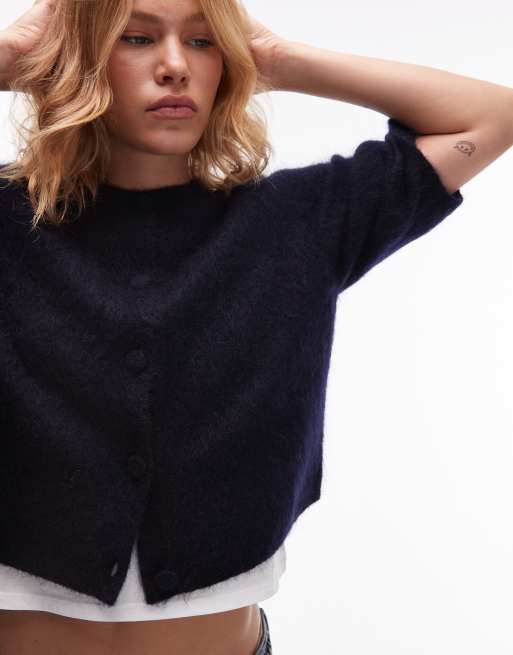 & Other Stories – Kurzärmlige Strickjacke aus Mohairmix in Blau, 2 von 4
