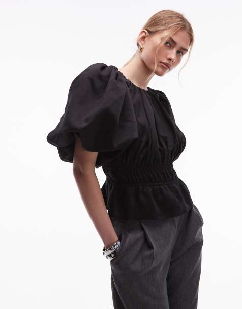 & Other Stories – Kurzärmlige, voluminöse Bluse in Schwarz mit auffälligen Puffärmeln und betonter Taille - view 1