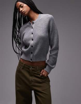 & Other Stories - Kurzärmliger Strickpullover aus Woll-Baumwollmix in Dunkelgrau meliert