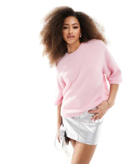 & Other Stories – Kurzärmliger Strickpullover in Rosa aus Alpakawolle
