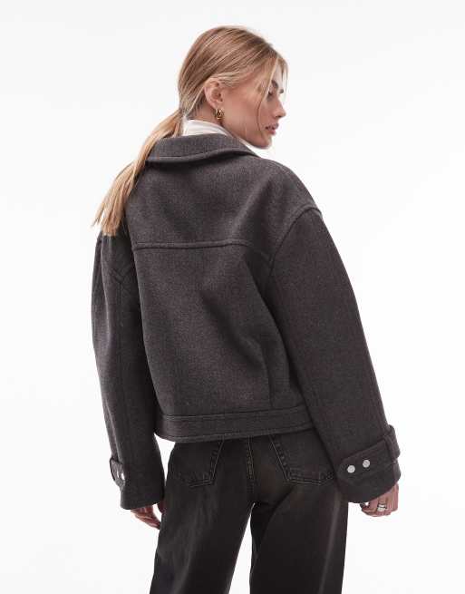 & Other Stories – Kurze Jacke aus Twill mit hohem Wollanteil in Dunkelgrau, 2 von 4
