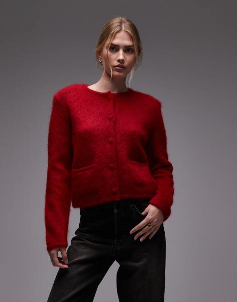 & Other Stories – Kurze, taillierte Strickjacke aus Mohair-Wollmix in Rot mit Rundhalsausschnitt und Knopfleiste - view 1