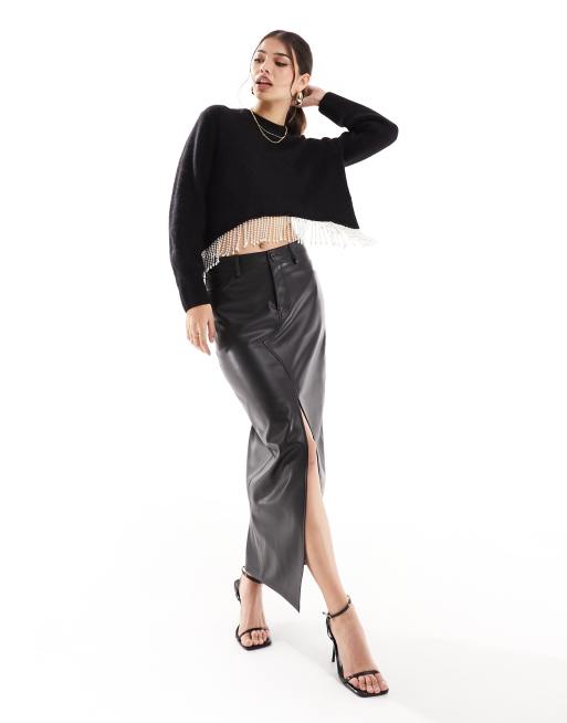 & Other Stories – Kurzer Pullover in Schwarz mit Kunstperlenfransen am Saum, 4 von 4