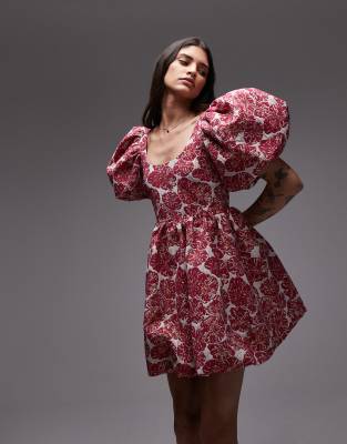 & Other Stories - Kurzes Brokat-Kleid in Rosa mit auffälligen Puffärmeln, tiefem Rückenausschnitt und Blumenmuster