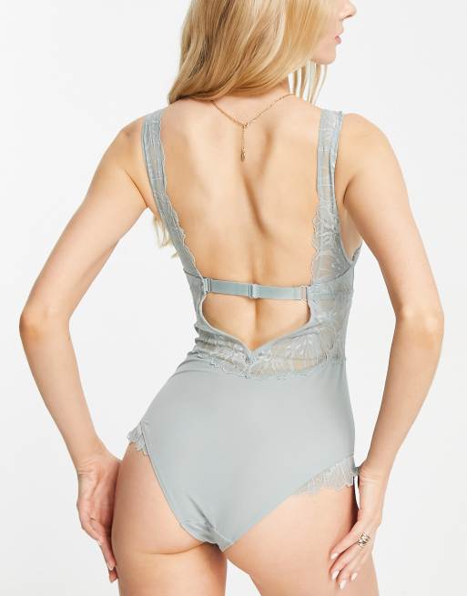 & Other Stories lace bodysuit with wire and deep back in blue