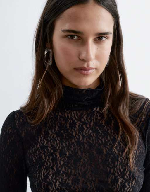 & Other Stories lace long sleeve top with thumb holes in black, 2 of 4