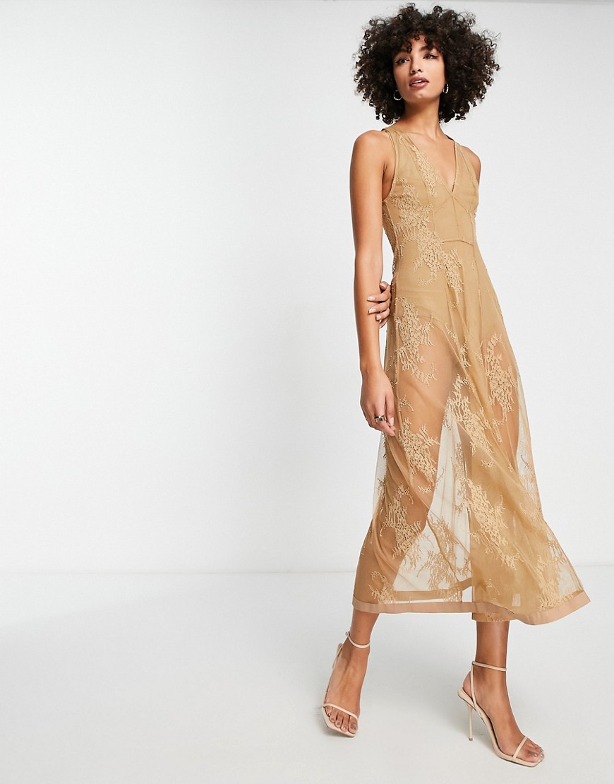 & Other Stories lace maxi dress with bodysuit in beige-Neutral