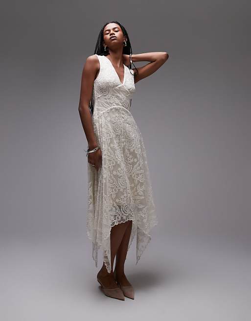 handkerchief hem dress Serendipity Midi White & Blue 28.35 inches * 85% Polyester Lily by Firmiana Womens Sleeveless