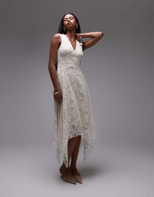 & Other Stories lace midaxi dress with dropped waist and handkerchief hem in off white