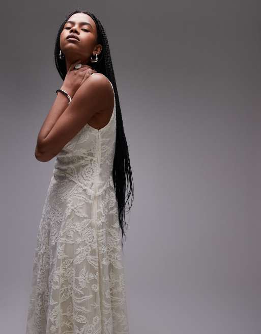 & Other Stories lace midaxi dress with dropped waist and handkerchief hem in off white