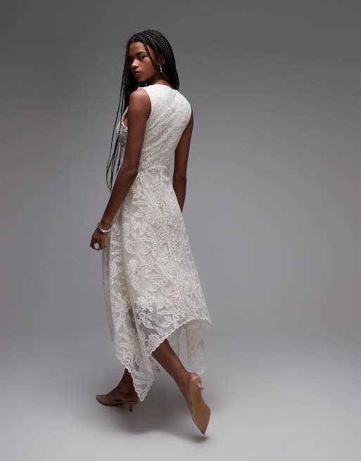 & Other Stories lace midaxi dress with dropped waist and handkerchief hem in off white