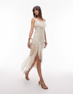 & other stories lace midaxi slip dress with sheer asymmetric tiered ruffle detail in vintage cream