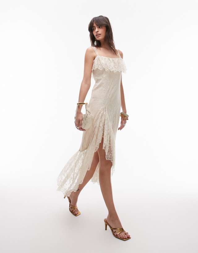 & Other Stories lace midaxi slip dress with sheer asymmetric tiered ruffle detail in vintage cream