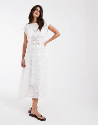 & Other Stories Lace Midi Dress With A-line Skirt In White