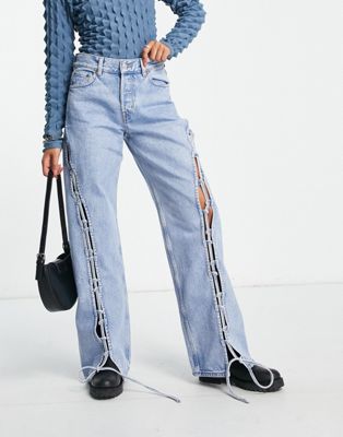 & Other Stories lace-up cut-out jeans in blue  - ASOS Price Checker