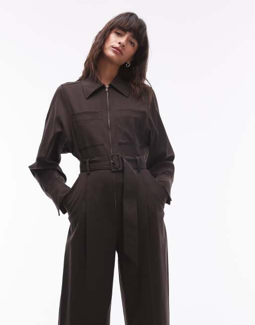 & Other Stories – Langärmliger Utility-Jumpsuit aus Wollmix in Dunkelbraun