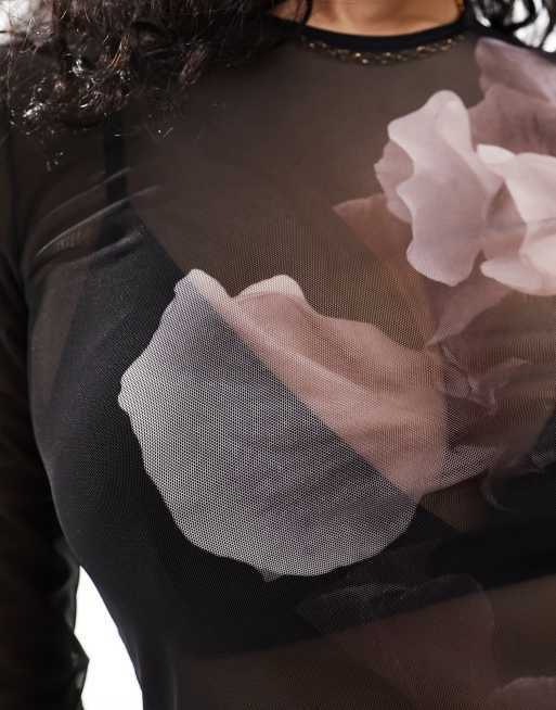 & Other Stories – Langärmliges Mesh-Oberteil in Schwarz mit Blumenprint vorne, 3 von 4