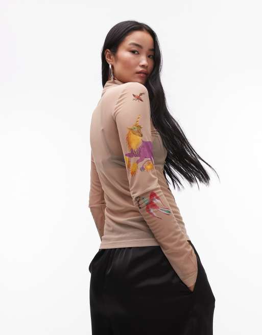 & Other Stories – Langärmliges Oberteil aus Stretch-Netzstoff mit Traumlandschaft-Blumenprint, 2 von 4