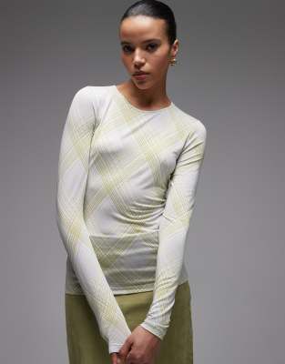 & Other Stories - Langärmliges Oberteil in Beige kariert mit schmalem Schnitt und U-Ausschnitt-Neutral