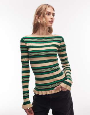 & Other Stories - Langärmliges, strukturiertes Oberteil in Grün gestreift mit Rüschensaum