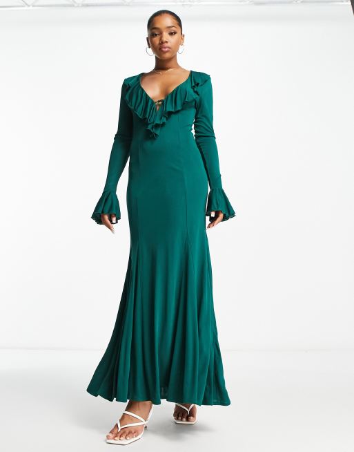 Other Stories Lange jurk met V-hals en ruches in donkergroen - Main Image