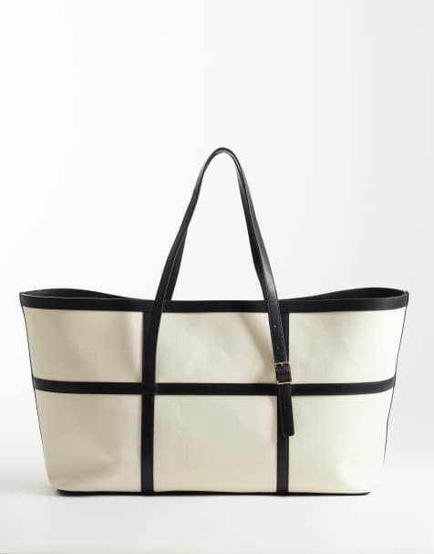& Other Stories large cotton canvas tote bag with leather detail in white - view 1