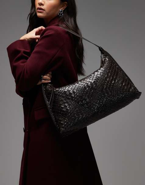 & Other Stories large leather curved braided shoulder bag with fringing trims in brown - view 1