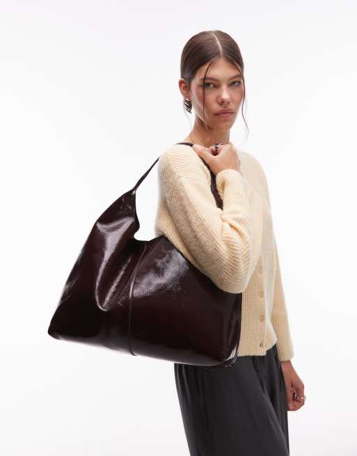 & Other Stories large leather tote bag in dark burgundy red, 2 of 4