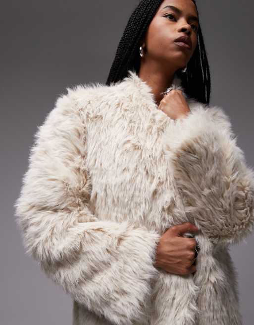 & Other Stories large midi faux fur coat in light beige, 3 of 4
