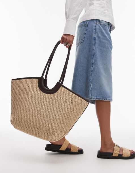 & Other Stories large straw tote with brown leather detail and contrast stitches in neutral beige - view 1
