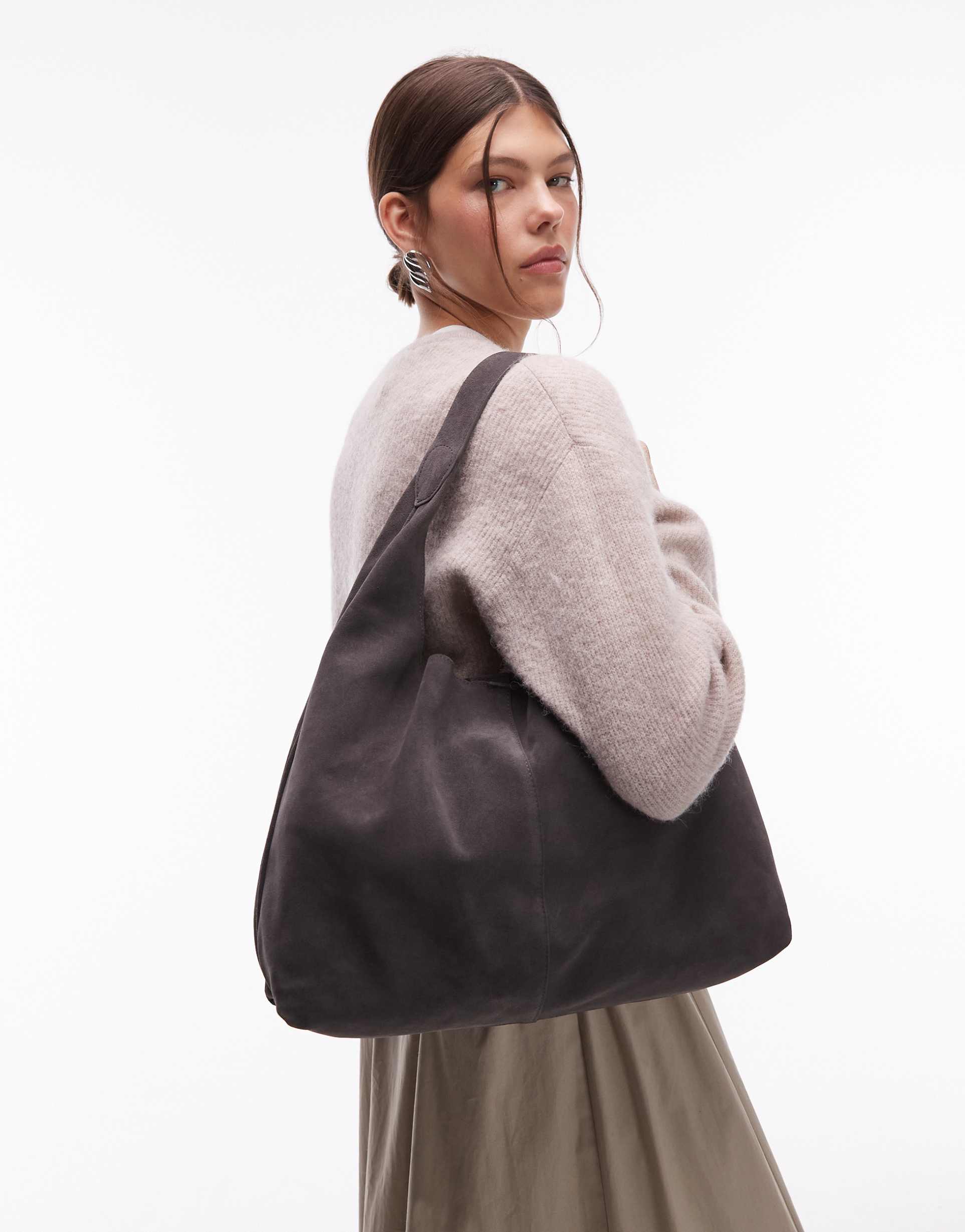 & other stories large suede leather tote bag in dark gray