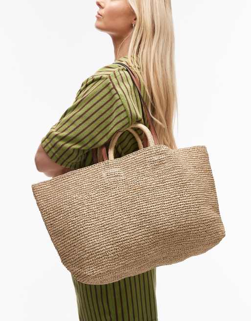 & Other Stories large woven straw tote bag with real leather strap in neutral beige, 2 of 4