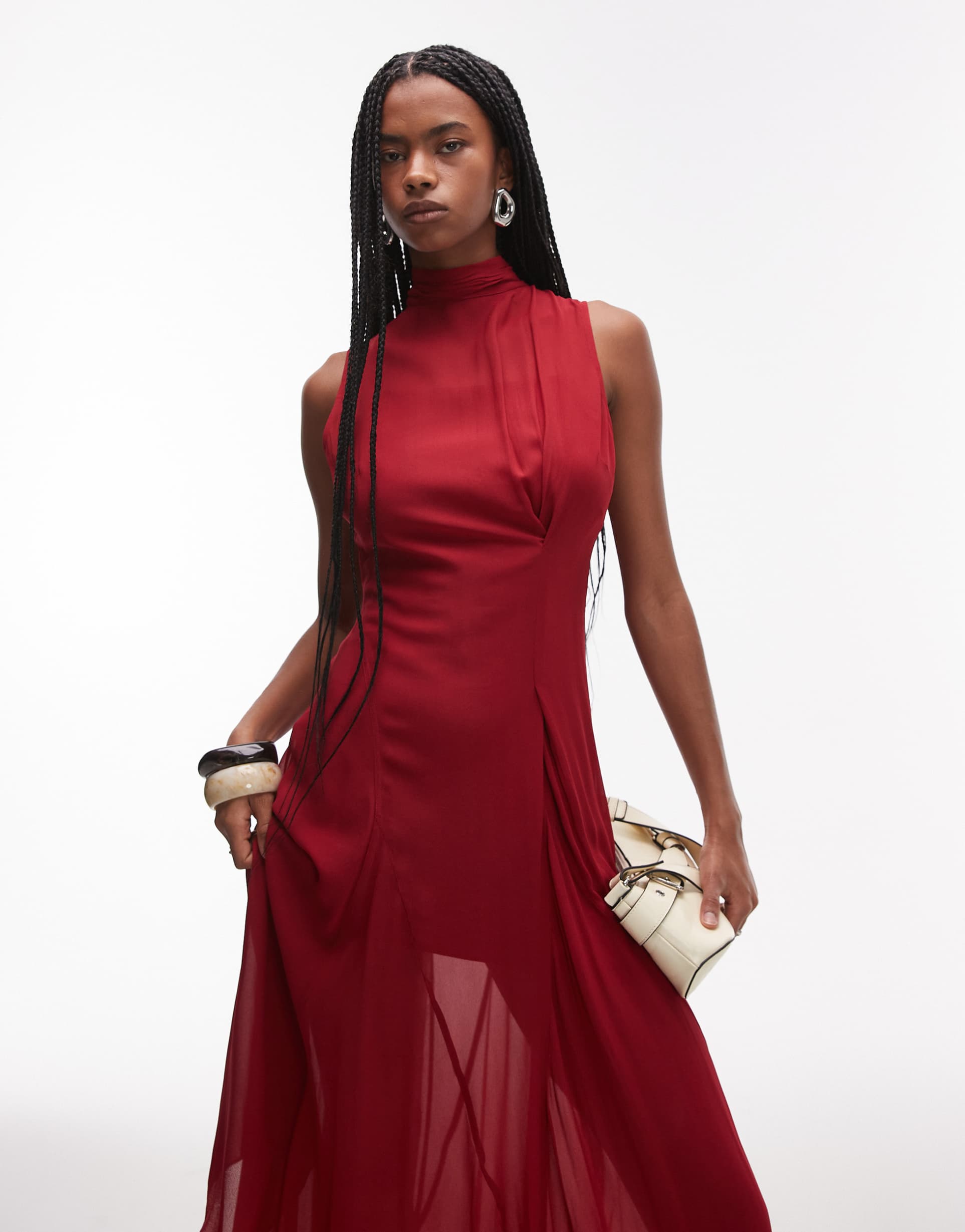 & other stories layered sheer chiffon midaxi dress with open tie back and handkerchief hem in red