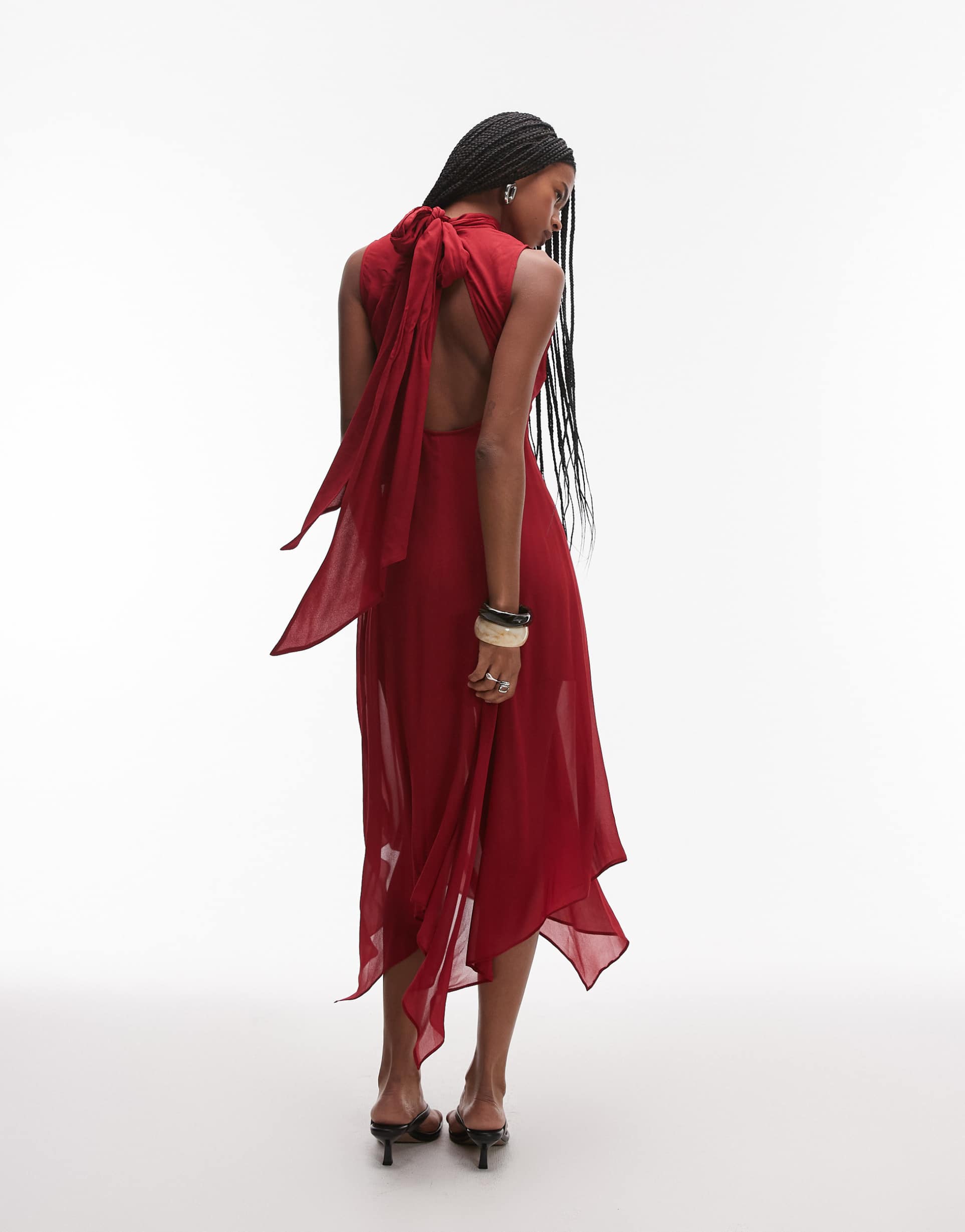 & other stories layered sheer chiffon midaxi dress with open tie back and handkerchief hem in red