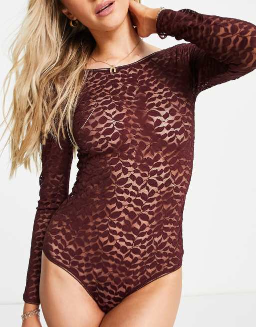 & Other Stories leaf lace body in burgundy, 4 of 4