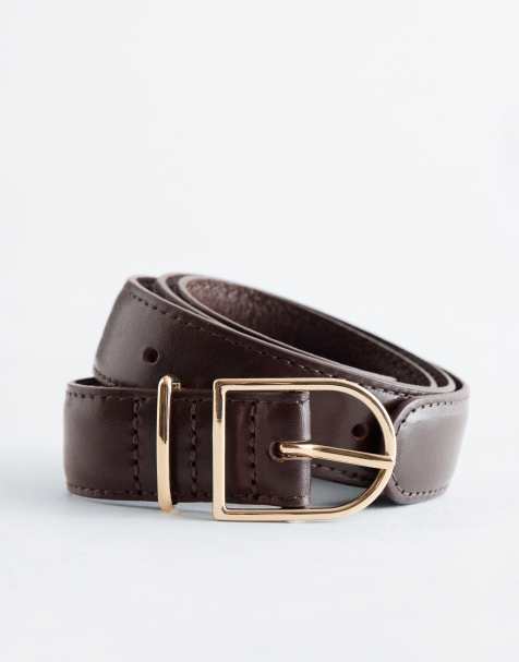 & Other Stories leather belt with gold buckle in chocolate brown - view 1