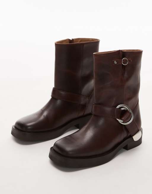 Other Stories leather biker boots with square toe in brown ASOS