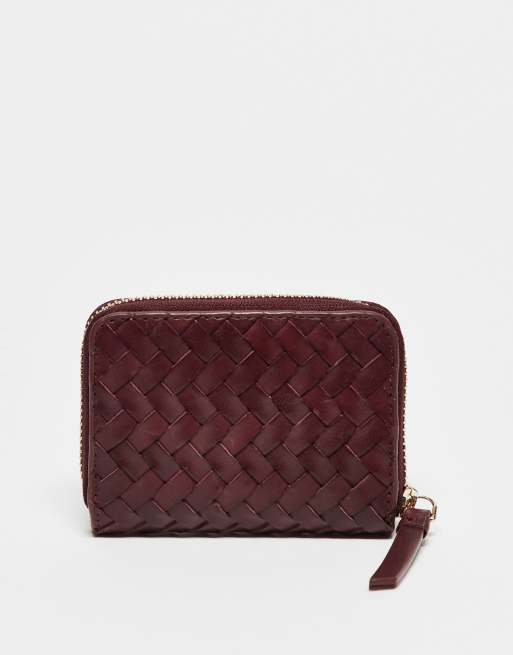 & Other Stories leather braided zip wallet in dark red burgundy