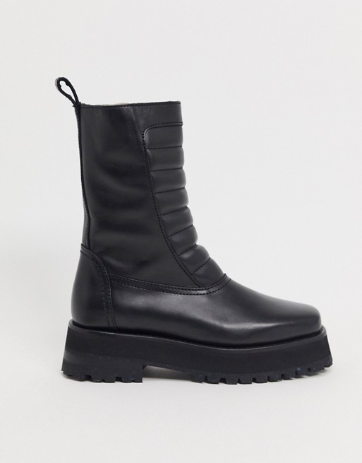 & Other Stories leather chunky flat boots with padded panel in black