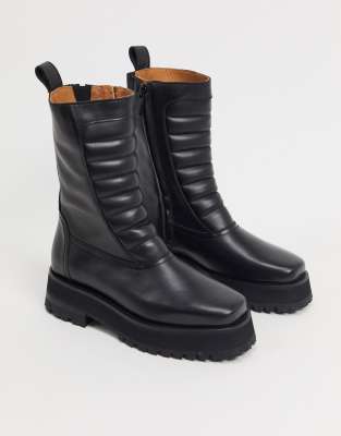 & other stories leather tall chunky flat boots in black